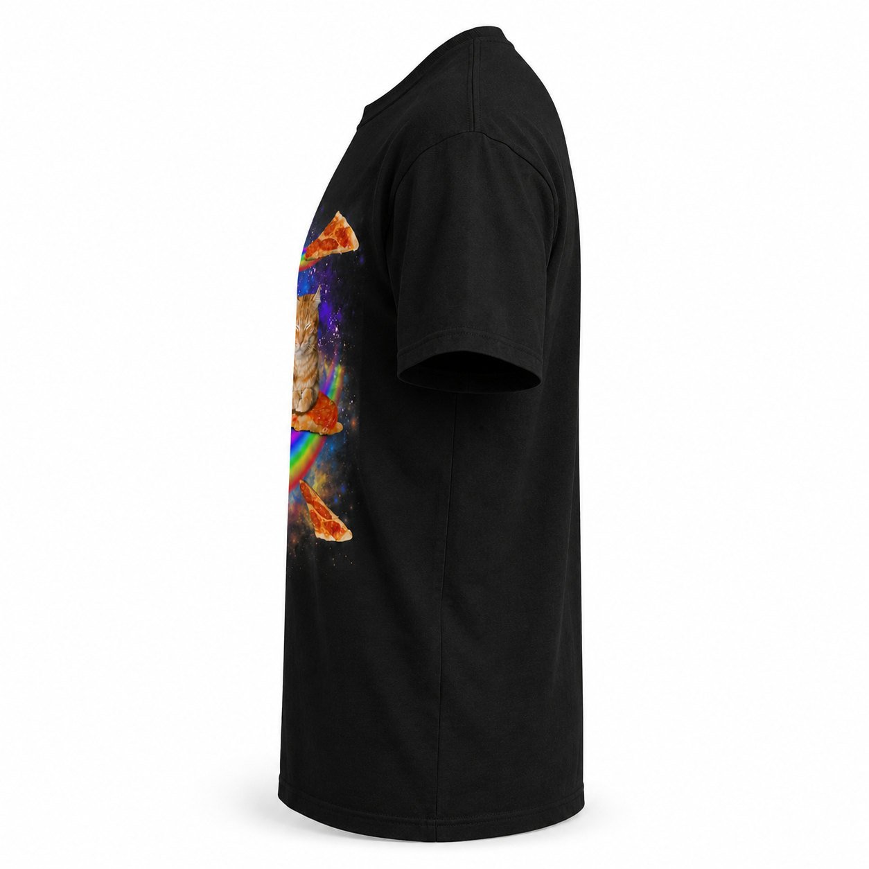 Funny Galaxy Cat Riding Pizza T-Shirt Space Rainbow Graphic Tee Men's S-5XL