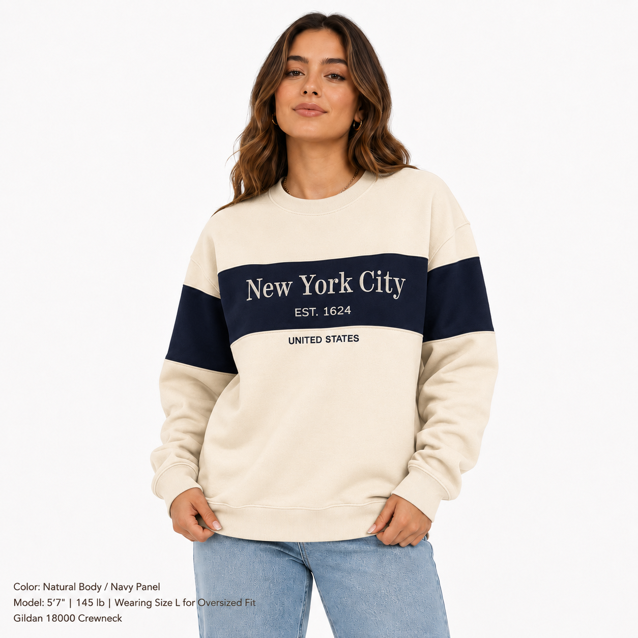 New York City Color block embroidered Crewneck Sweatshirt, Est 1624