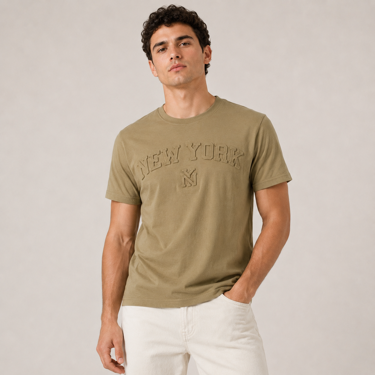 New York Raised Letter T-Shirt, Embossed Puff Print Cotton Blend Tee