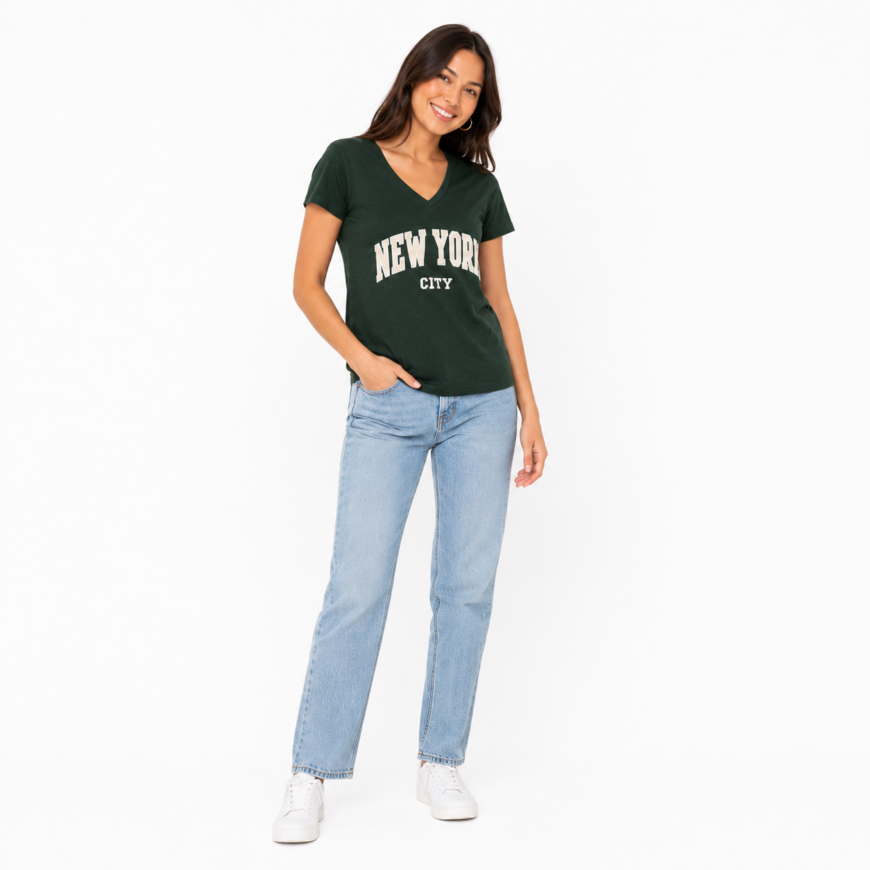 New York City Chenille Embroidered V-Neck T-Shirt, Cotton Blend Souvenir Tee