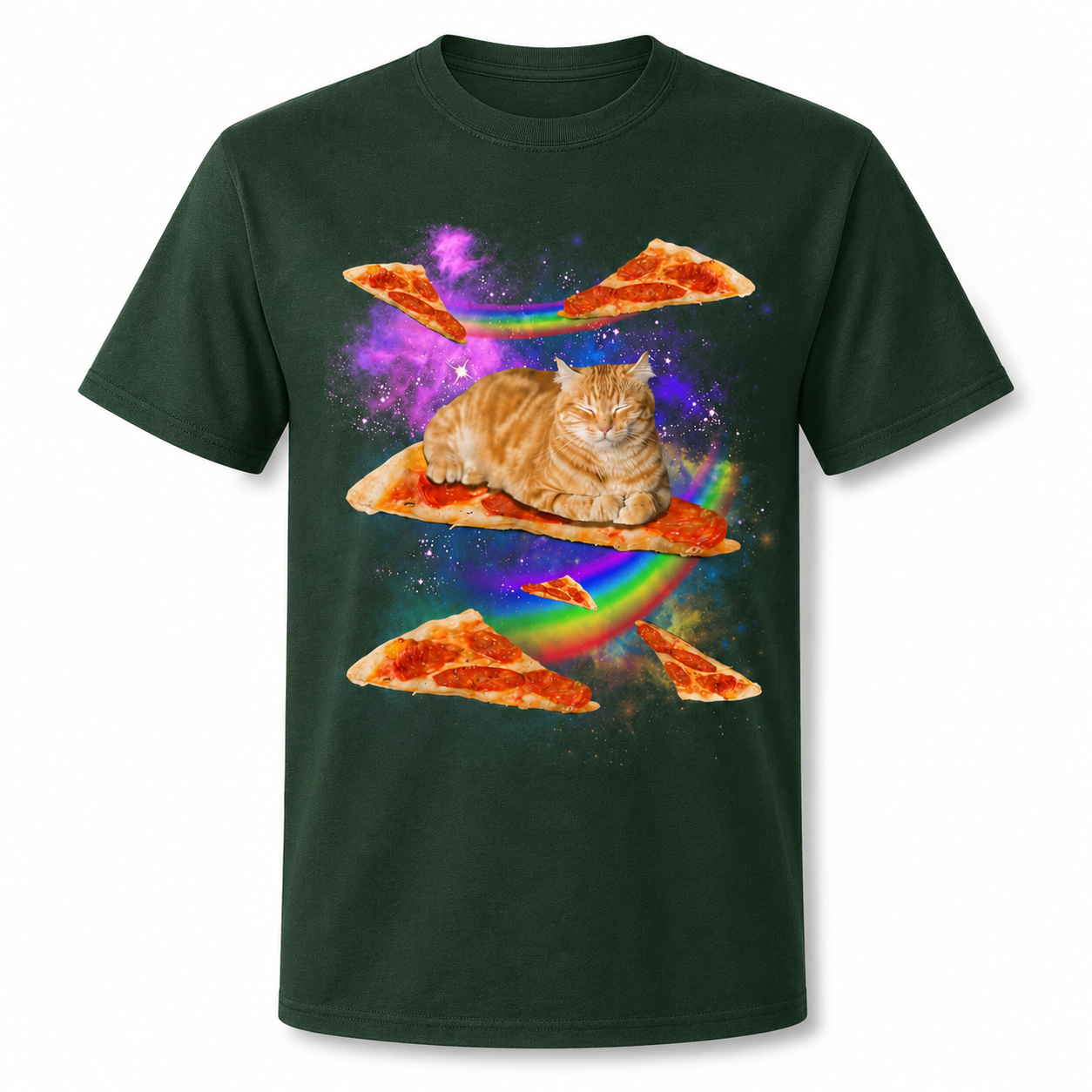 Funny Galaxy Cat Riding Pizza T-Shirt Space Rainbow Graphic Tee Men's S-5XL
