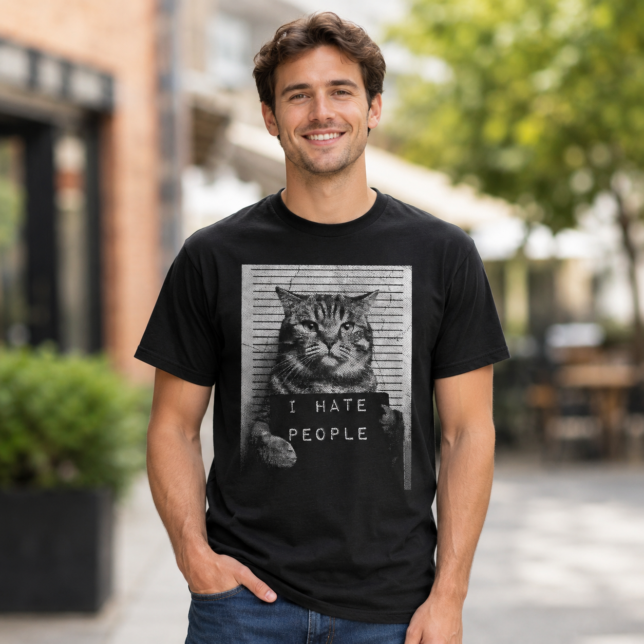 I Hate People Funny Cat T-Shirt Mugshot Sarcastic Graphic Novelty Tee for Men