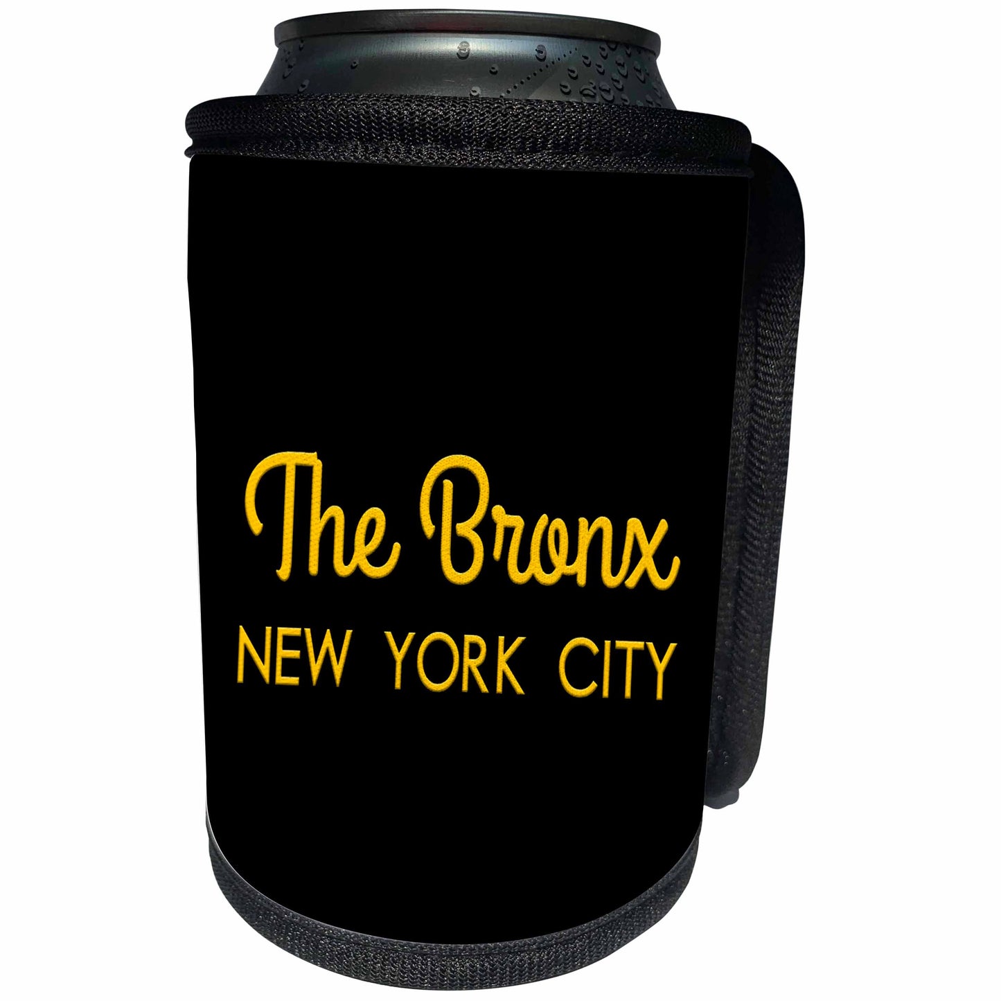3dRose Alexis Design - American Cities Yellow on Black - The Bronx, New York City borough. Patriot home town gift, souvenir - Can Cooler Bottle Wrap (cc_322055)