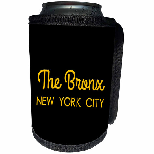 3dRose Alexis Design - American Cities Yellow on Black - The Bronx, New York City borough. Patriot home town gift, souvenir - Can Cooler Bottle Wrap (cc_322055)
