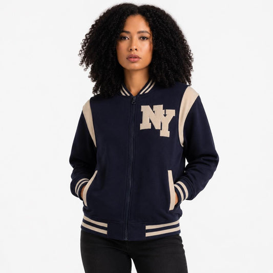 New York Varsity Jacket, Unisex Streetwear Full Zip, Applique NY Patch