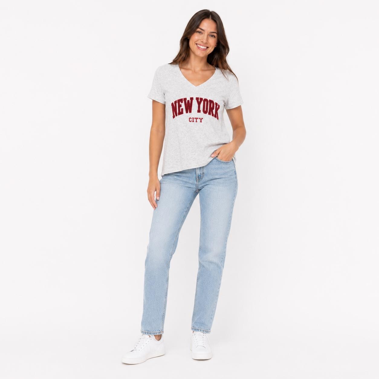 New York City Chenille Embroidered V-Neck T-Shirt, Cotton Blend Souvenir Tee