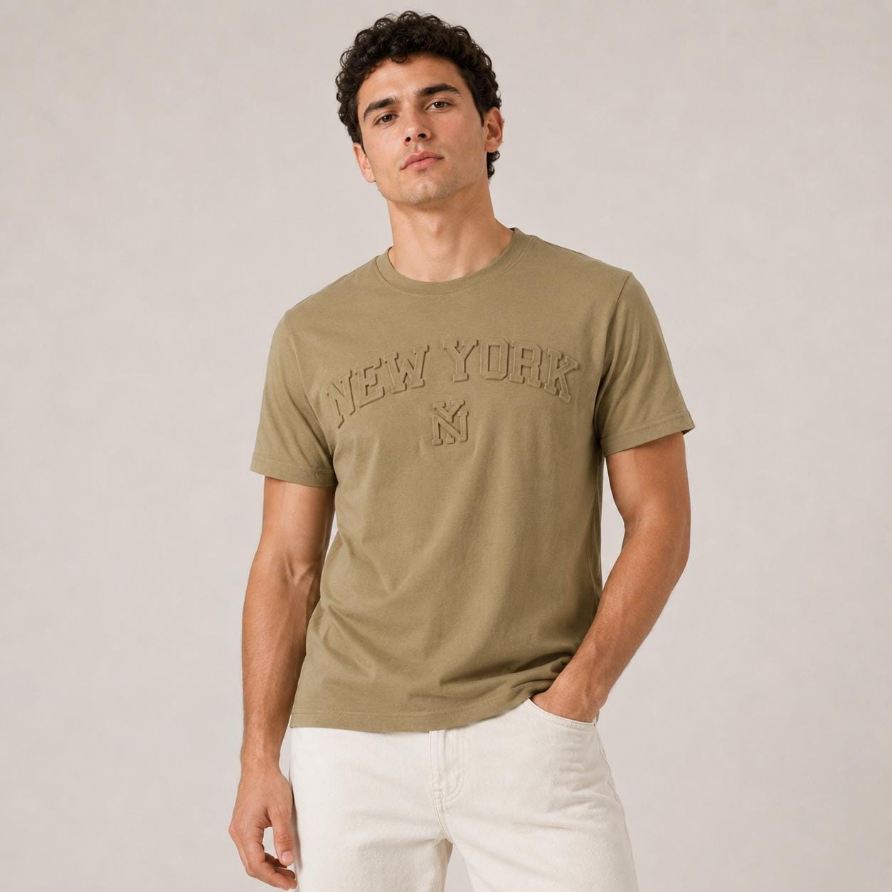New York Raised Letter T-Shirt, Embossed Puff Print Cotton Blend Tee