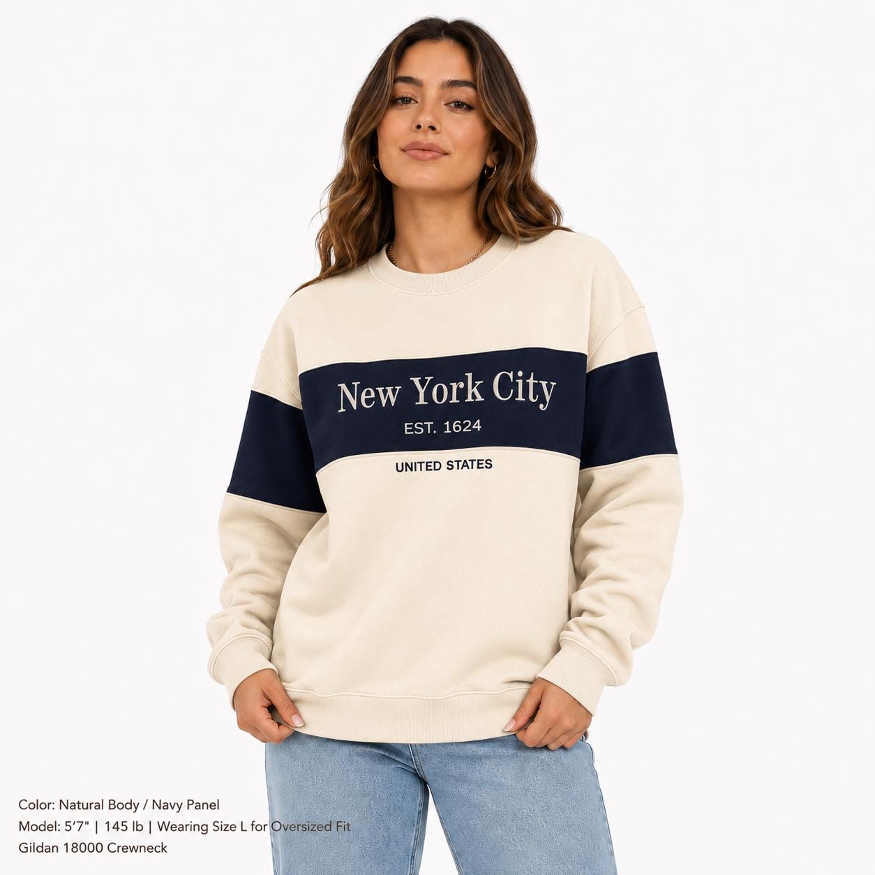 New York City Colorblock embroidered Crewneck Sweatshirt, Est 1624 Graphic Pullover