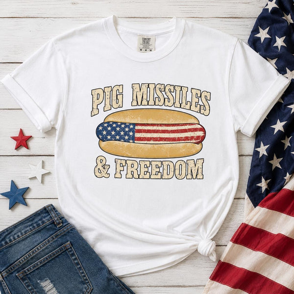 Patriotic Hot Dog Shirt, Pig Missiles Freedom Tee, USA Independence Day Comfort Colors
