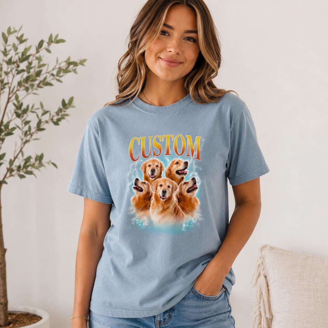 Custom Golden Retriever Portrait Shirt, Personalized Pet Tee, Comfort Colors Dog Mom Gift