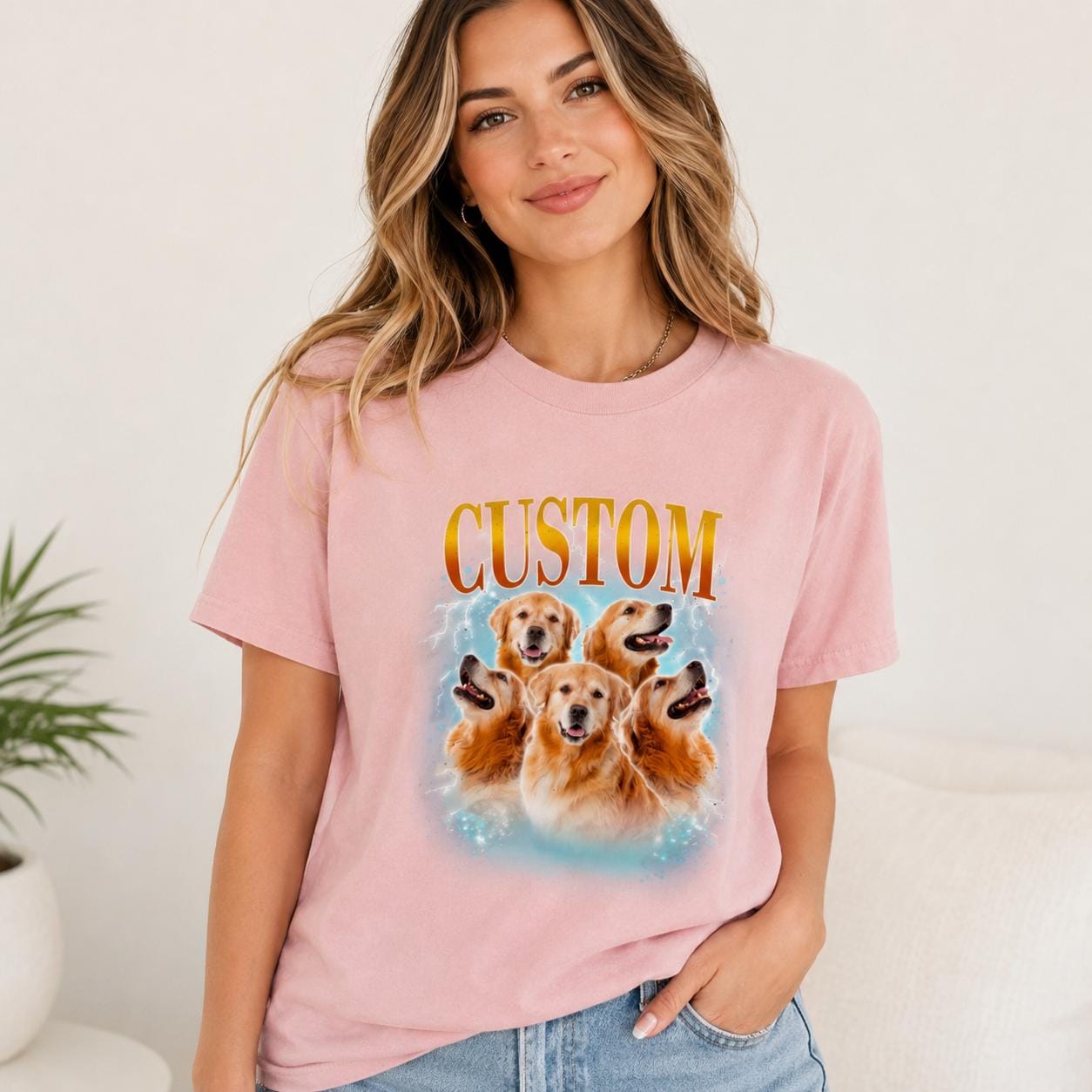 Custom Golden Retriever Portrait Shirt, Personalized Pet Tee, Comfort Colors Dog Mom Gift