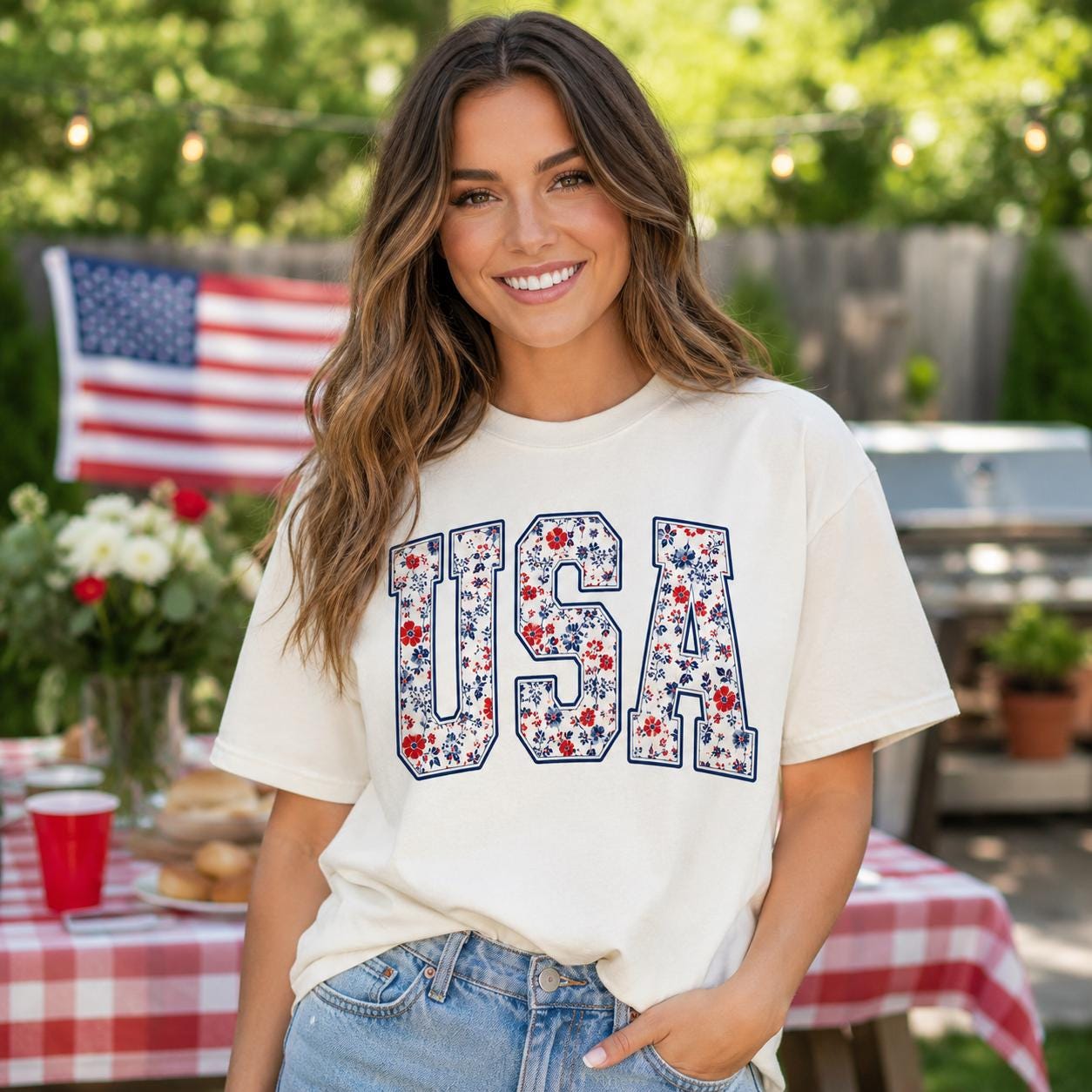 Floral USA Graphic Tee, Patriotic Summer Shirt, America Est 1776 Apparel