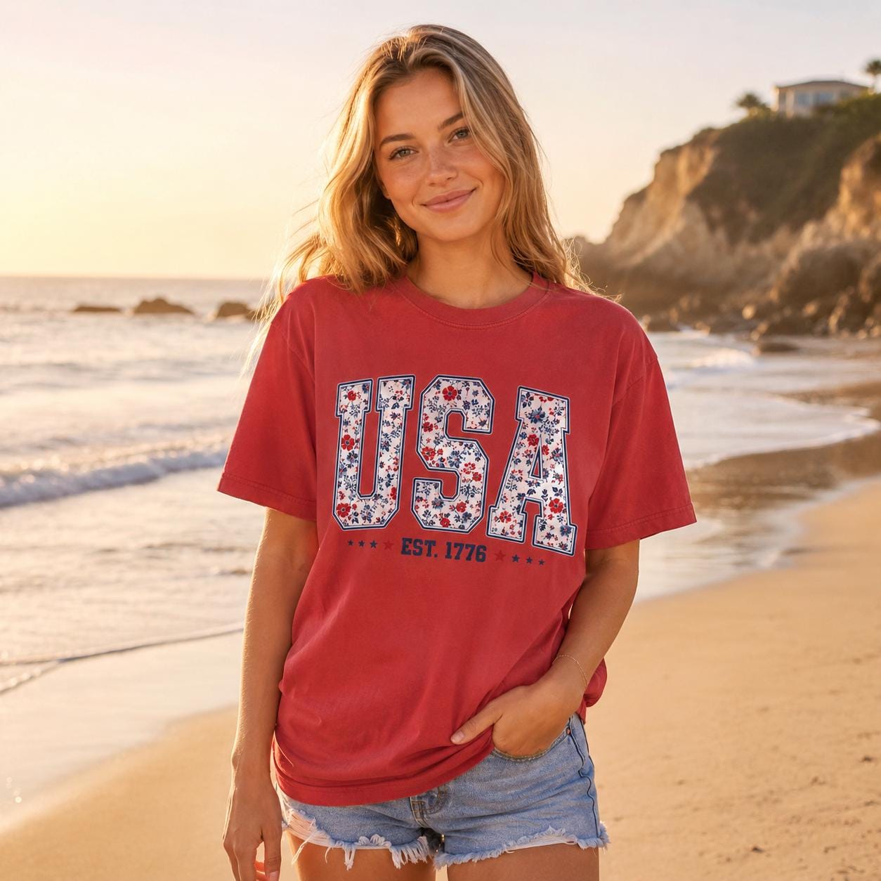 Floral USA Graphic Tee, Patriotic Summer Shirt, America Est 1776 Apparel