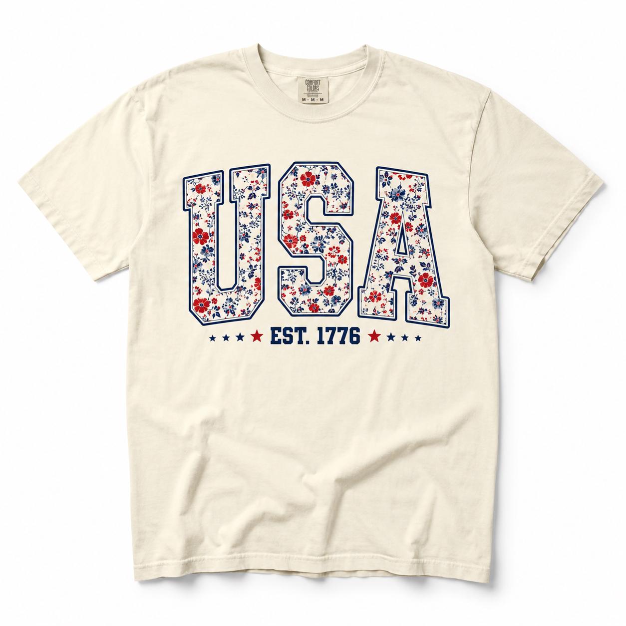 Floral USA Graphic Tee, Patriotic Summer Shirt, America Est 1776 Apparel