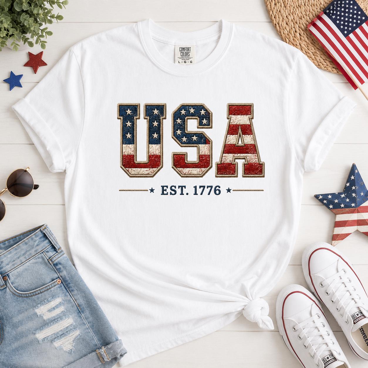 USA Flag T-Shirt, Patriotic Est 1776 Tee, Independence Day Apparel