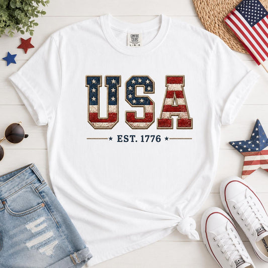 USA Flag T-Shirt, Patriotic Est 1776 Tee, Independence Day Apparel