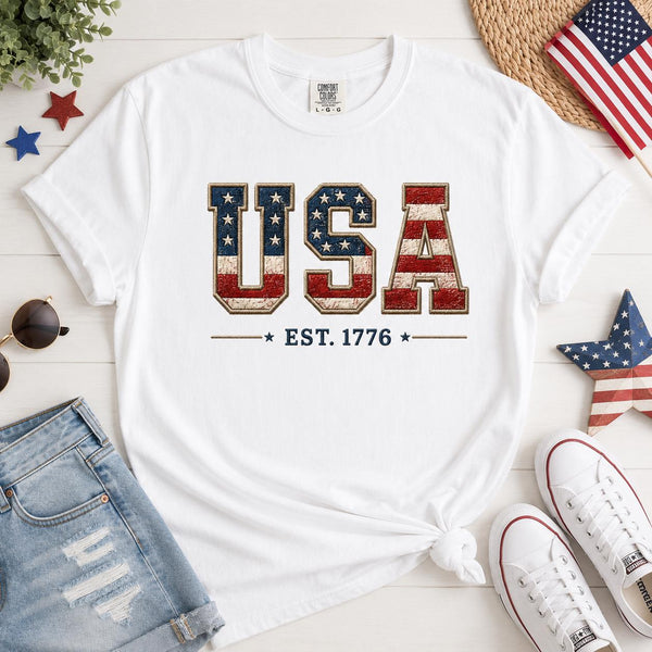 USA Flag T-Shirt, Patriotic Est 1776 Tee, Independence Day Apparel