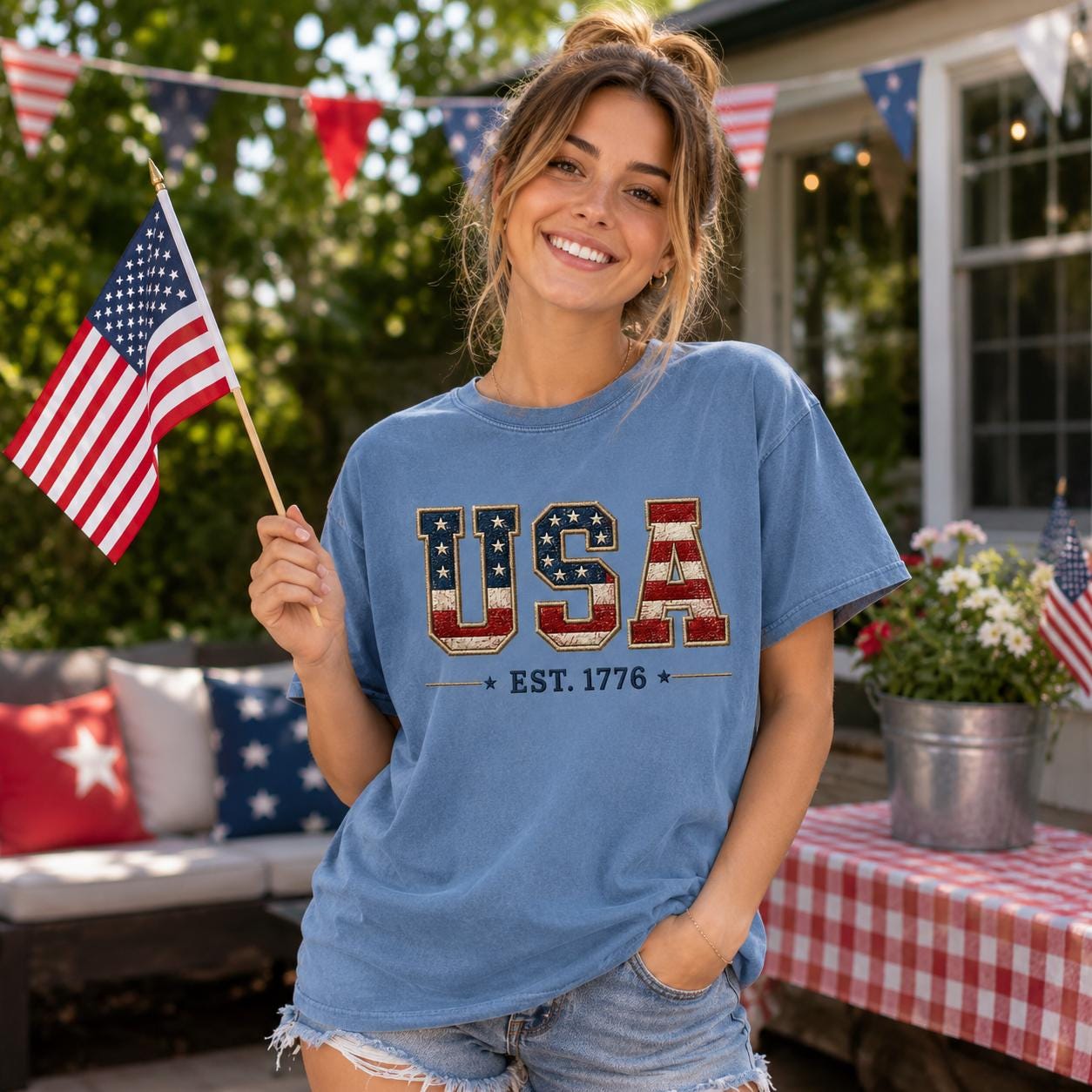 USA Flag T-Shirt, Patriotic Est 1776 Tee, Independence Day Apparel