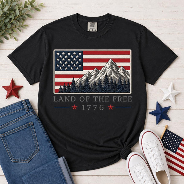 Comfort Colors USA Flag Mountain Landscape Tee, Land of the Free Patriotic Shirt