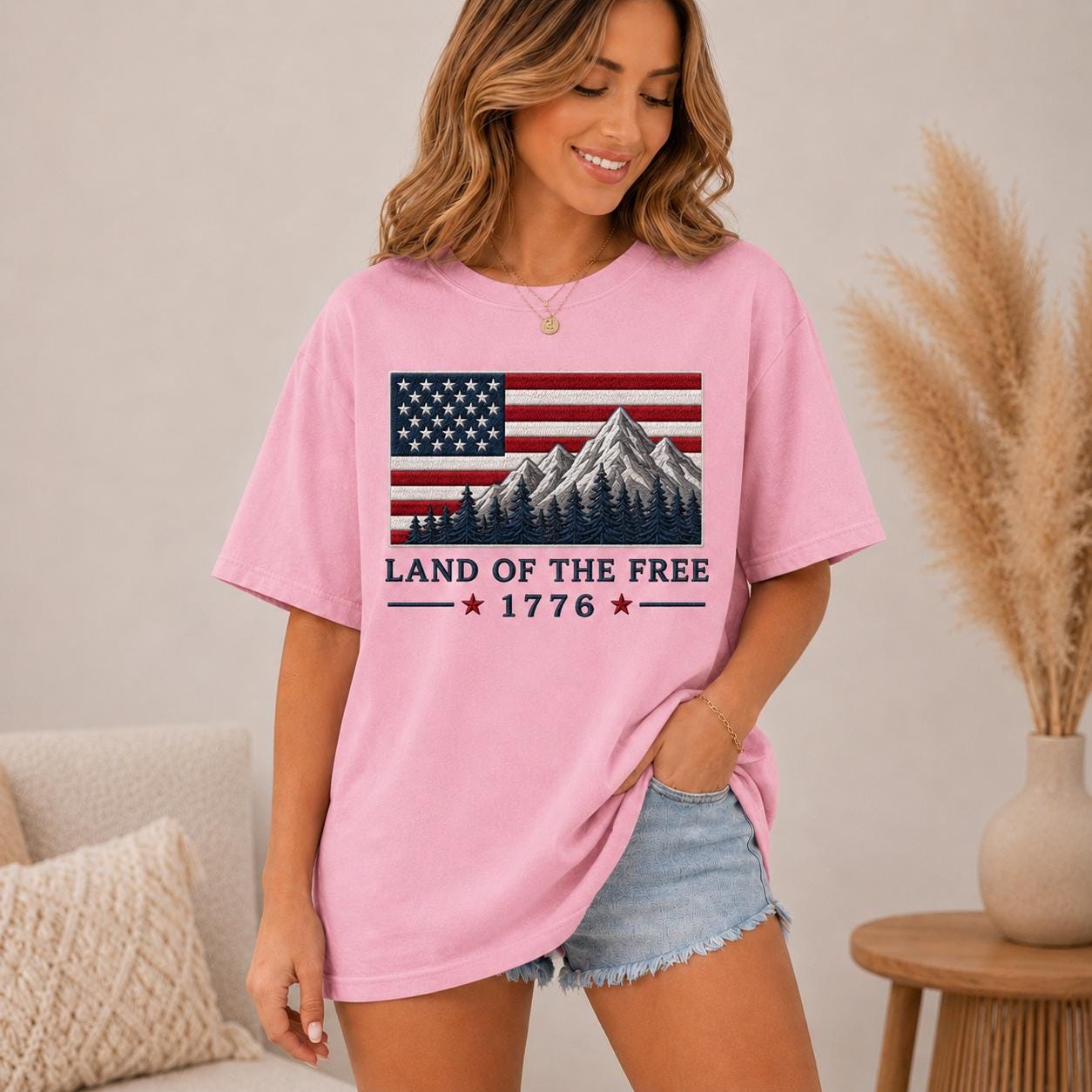 Comfort Colors USA Flag Mountain Landscape Tee, Land of the Free Patriotic Shirt
