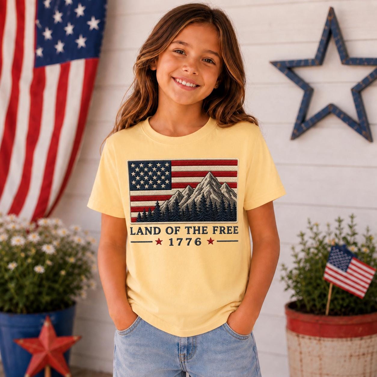 Comfort Colors USA Flag Mountain Landscape Tee, Land of the Free Patriotic Shirt