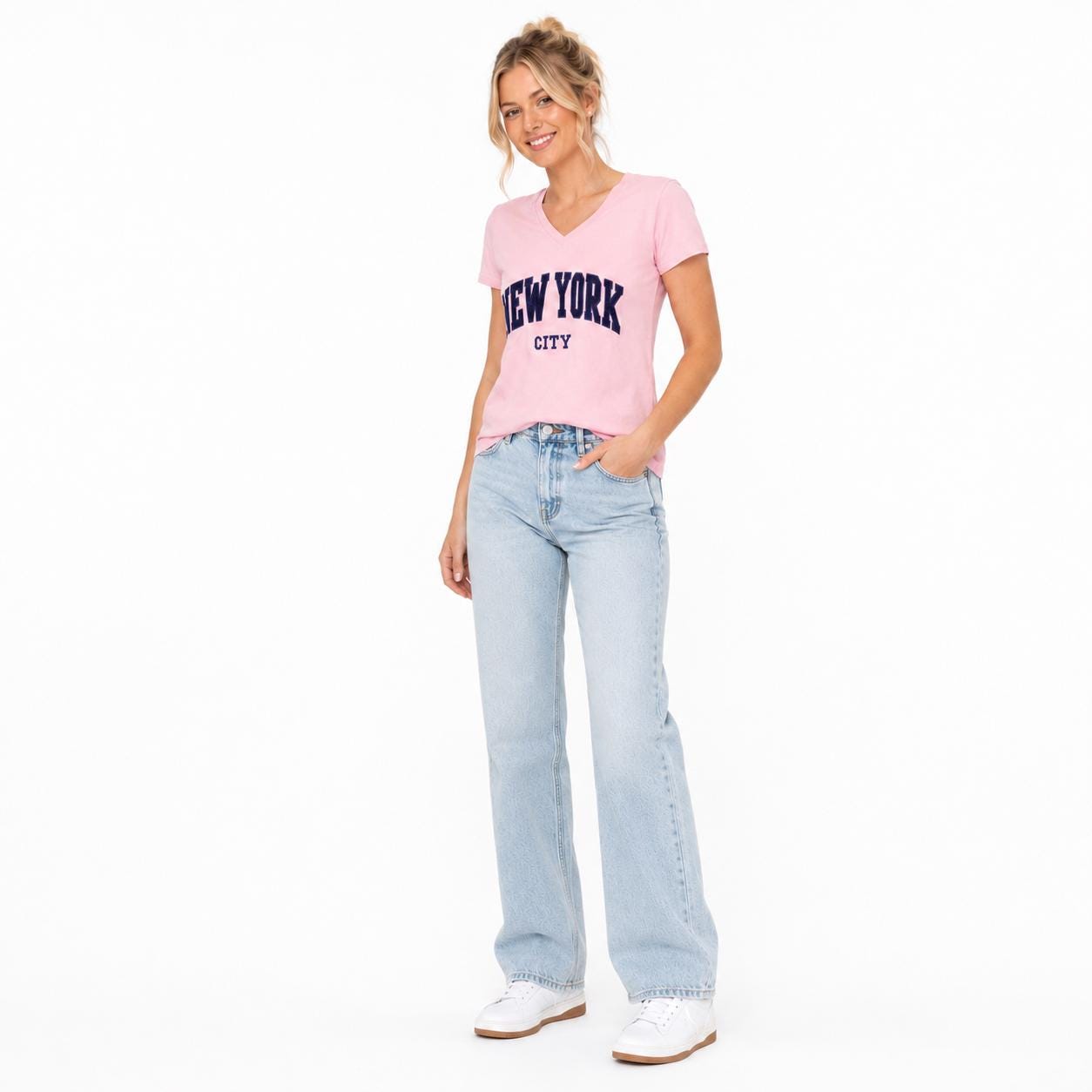 New York City Chenille Embroidered V-Neck T-Shirt, Cotton Blend Souvenir Tee