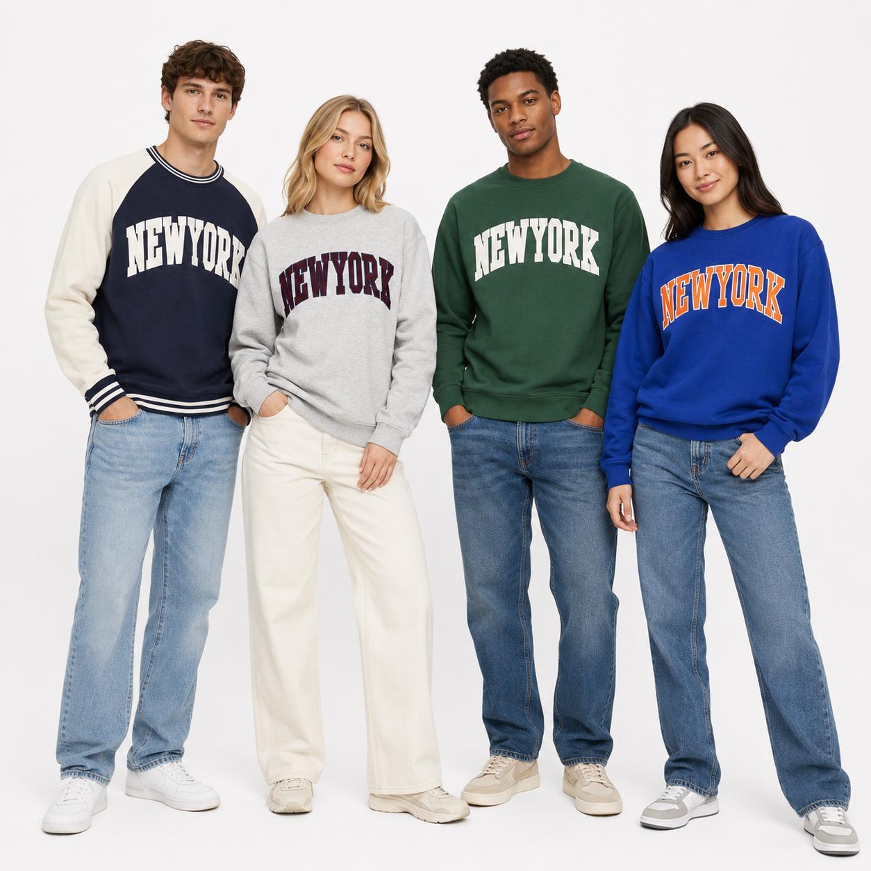 New York Classic Raglan Wide-Collar applique Crewneck Sweatshirt, Unisex Streetwear Pullover Sweater