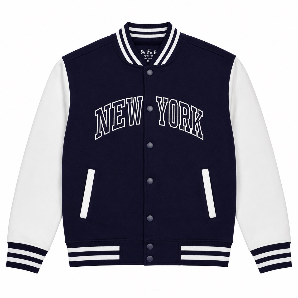 New York Varsity Jacket, Unisex Streetwear Button, Applique NY Patch