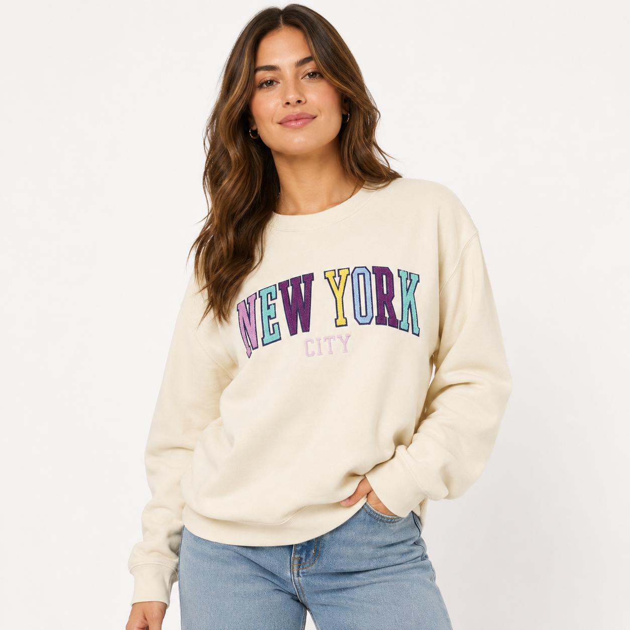 New York City Vintage Fleece Chenille Crew Sweatshirt | Graphic Crewneck Pullover