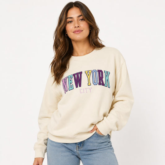 New York City Vintage Fleece Chenille Crew Sweatshirt | Graphic Crewneck Pullover