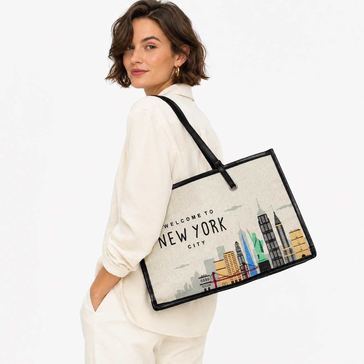 New York City Graphic Tote Bag, Statue of Liberty Skyline Shoulder Bag, Travel Souvenir