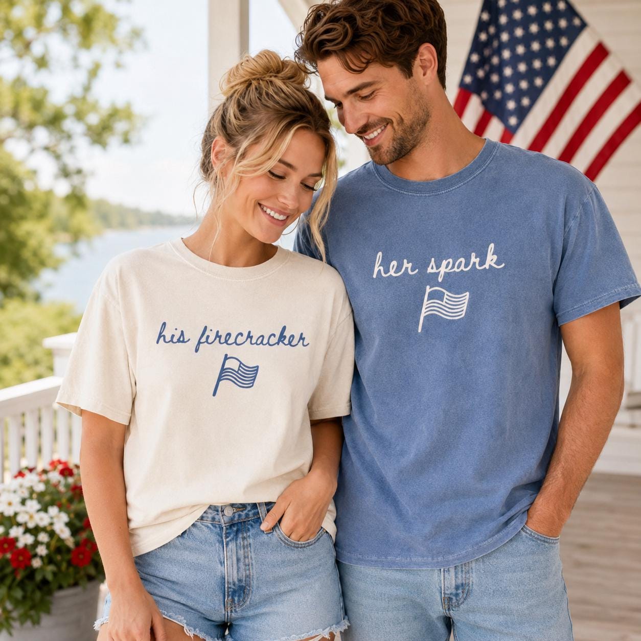 Comfort Colors USA Flag Couple Shirts, Patriotic 4th of July T-Shirts