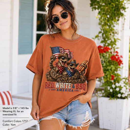 Red White BBQ Cowboy Snakes T-Shirt, Patriotic 4th July America Tee