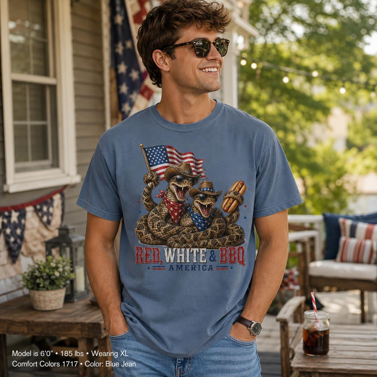 Red White BBQ Cowboy Snakes T-Shirt, Patriotic 4th July America Tee