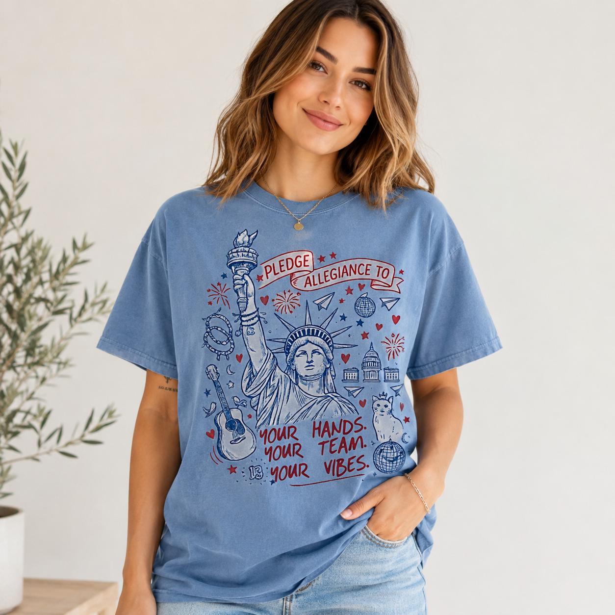 Patriotic Statue of Liberty Graphic Tee, Pledge Allegiance USA Summer Shirt