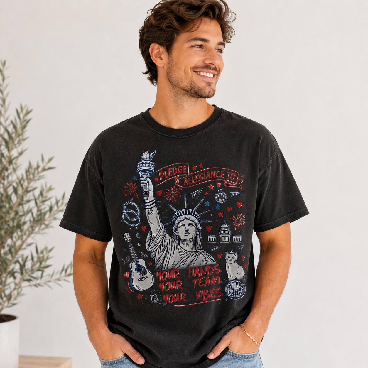 Patriotic Statue of Liberty Graphic Tee, Pledge Allegiance USA Summer Shirt