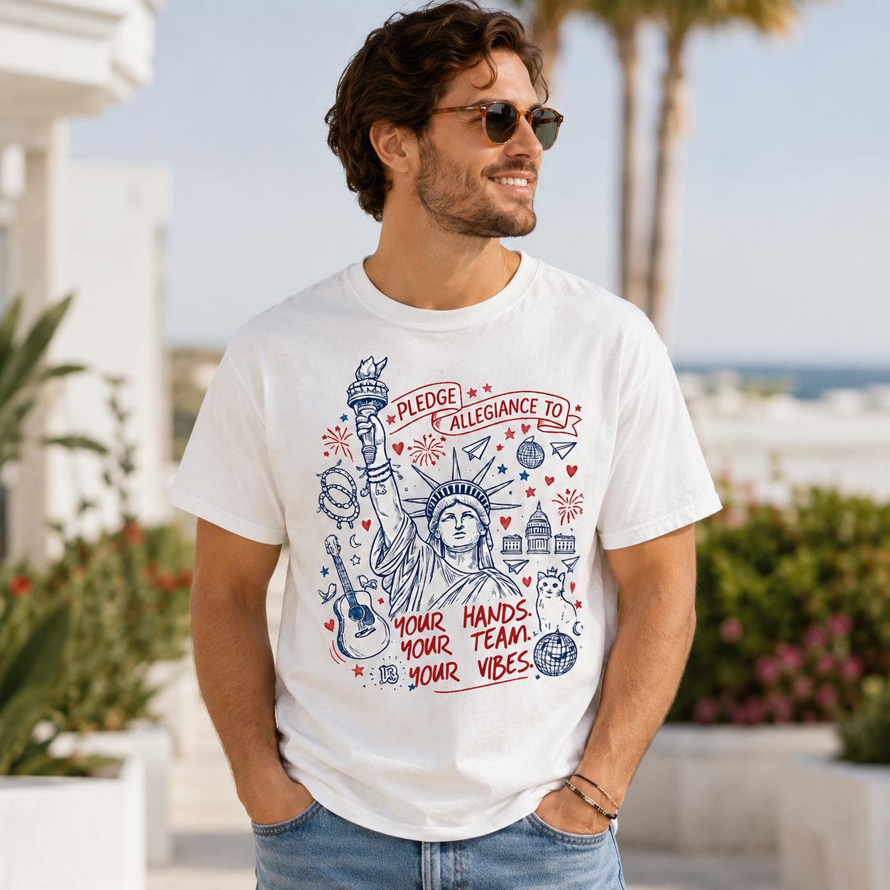 Patriotic Statue of Liberty Graphic Tee, Pledge Allegiance USA Summer Shirt