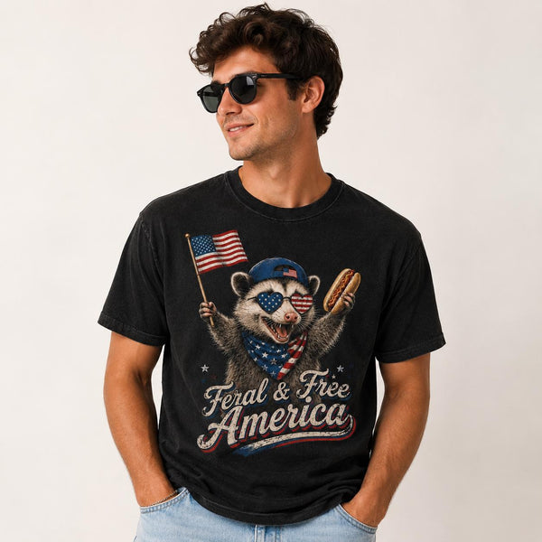 Feral America Opossum Shirt, Comfort Colors 4th July Tee, Patriotic Raccoon BBQ Shirt