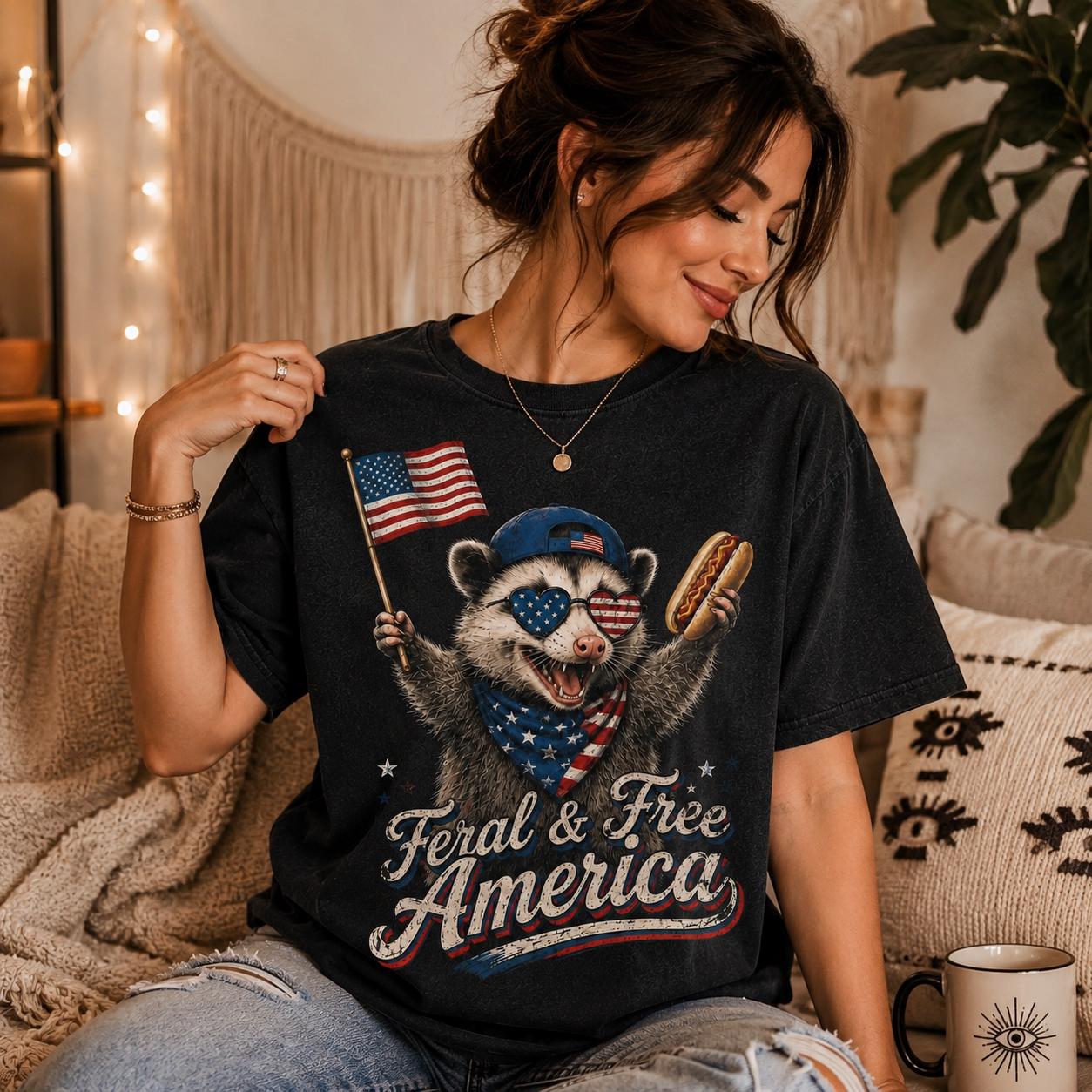 Feral America Opossum Shirt, Comfort Colors 4th July Tee, Patriotic Raccoon BBQ Shirt
