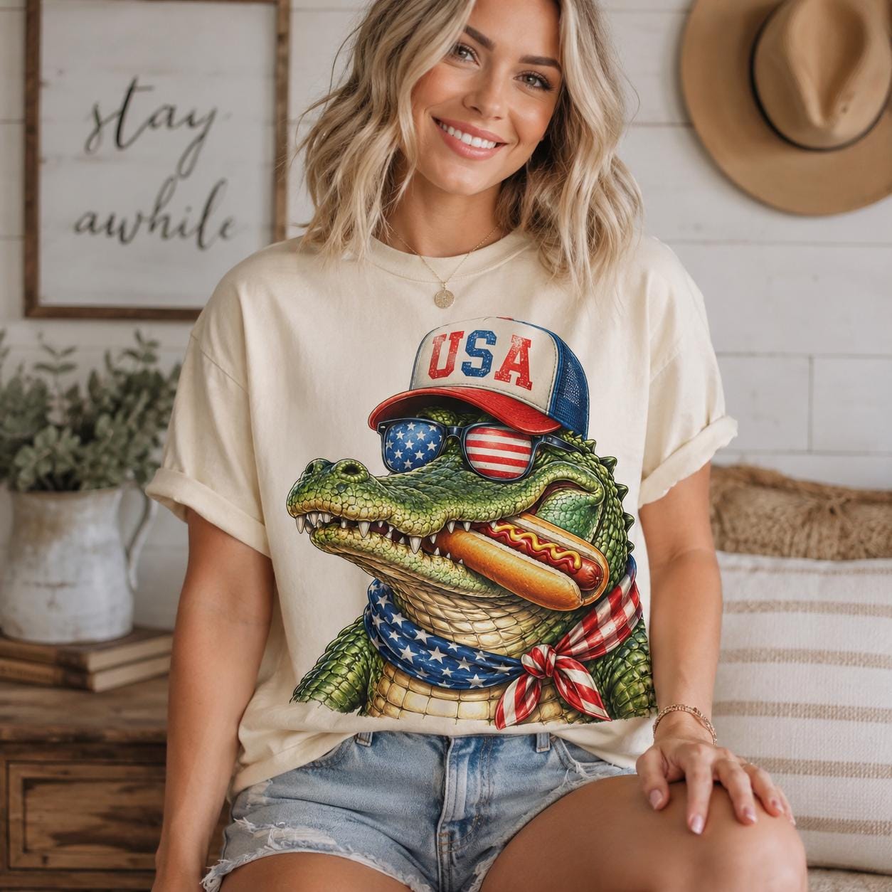 Patriotic Alligator Hotdog Comfort Colors Tee, USA Summer BBQ Shirt