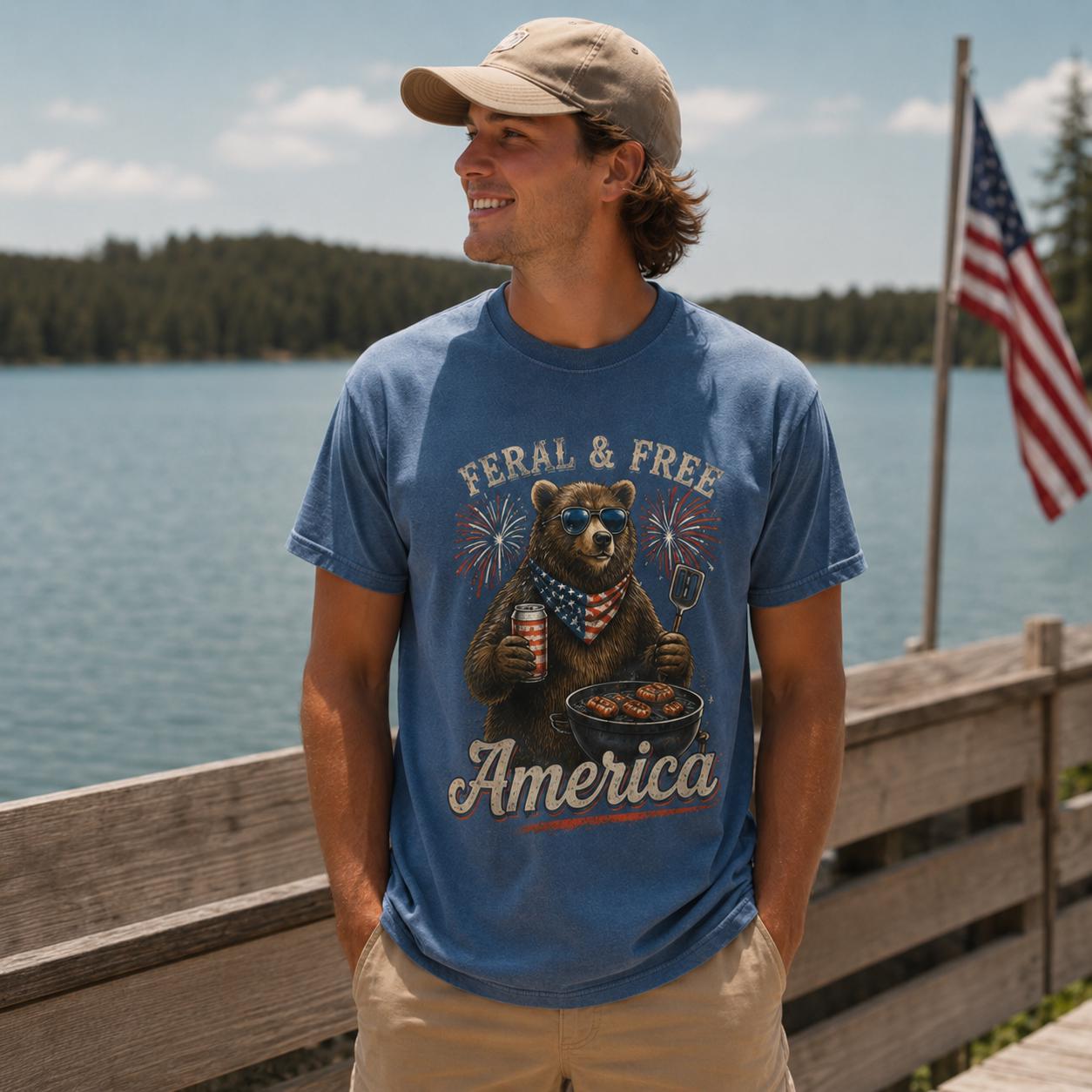 Feral & Free America Bear Shirt, Comfort Colors Patriotic BBQ Tee