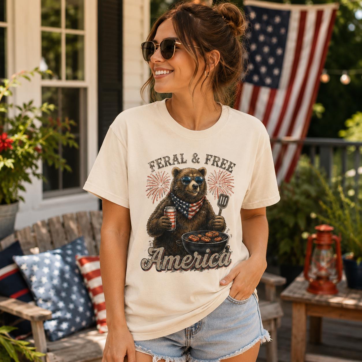 Feral & Free America Bear Shirt, Comfort Colors Patriotic BBQ Tee