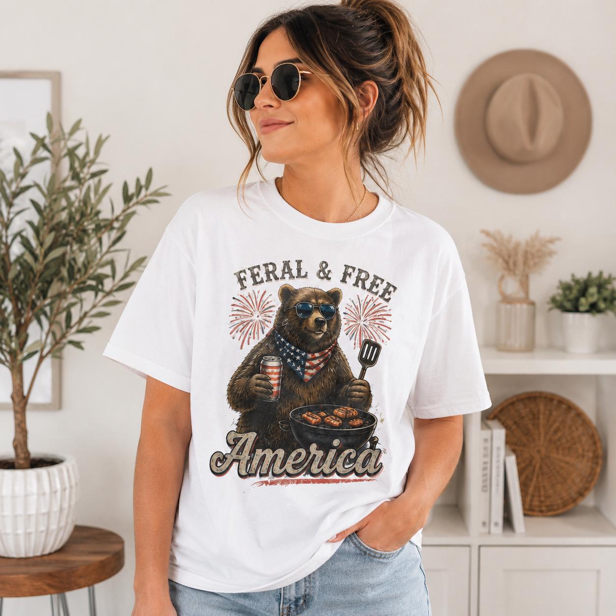 Feral & Free America Bear Shirt, Comfort Colors Patriotic BBQ Tee