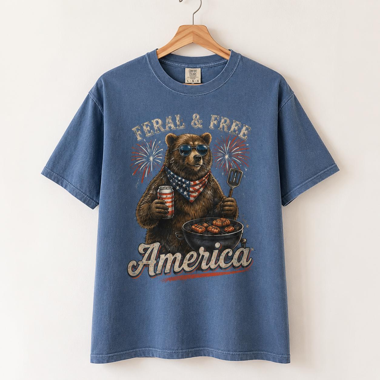 Feral & Free America Bear Shirt, Comfort Colors Patriotic BBQ Tee