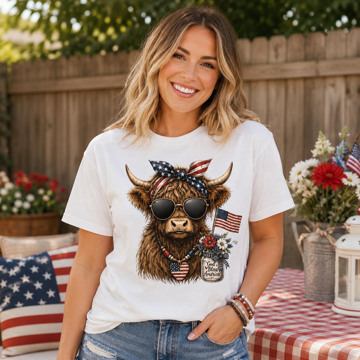 Highland Cow Patriotic T-Shirt, Comfort Colors 4th of July USA Tee