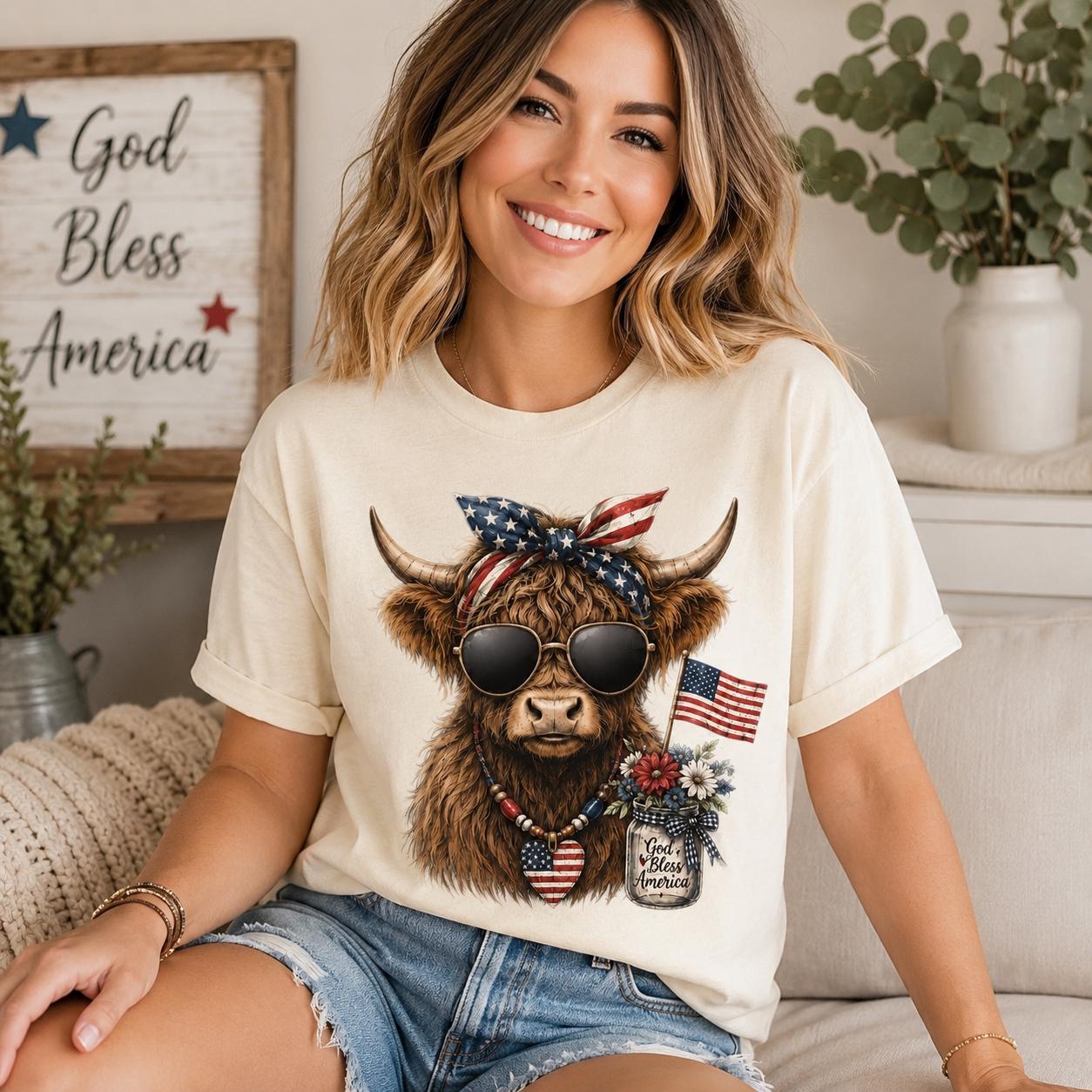 Highland Cow Patriotic T-Shirt, Comfort Colors 4th of July USA Tee