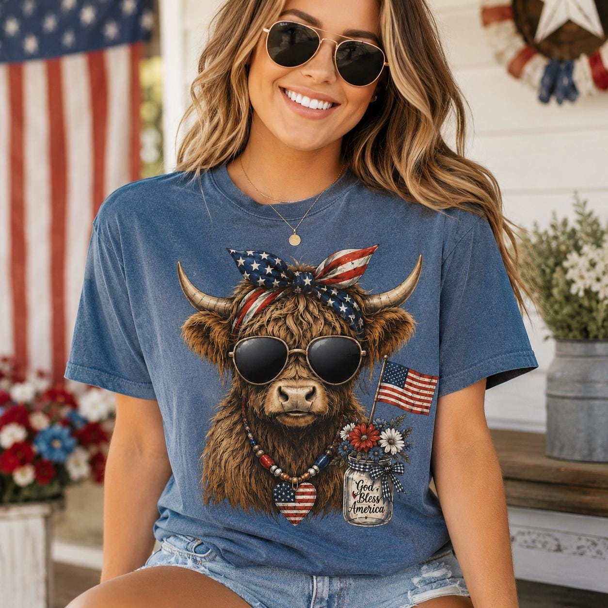 Highland Cow Patriotic T-Shirt, Comfort Colors 4th of July USA Tee