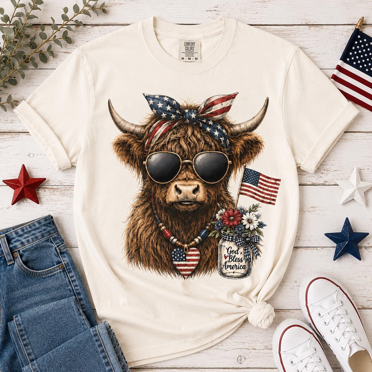 Highland Cow Patriotic T-Shirt, Comfort Colors 4th of July USA Tee
