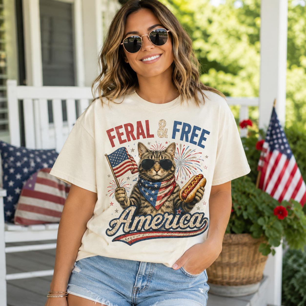 Feral & Free Cat America Shirt, Comfort Colors Patriotic Hotdog Tee