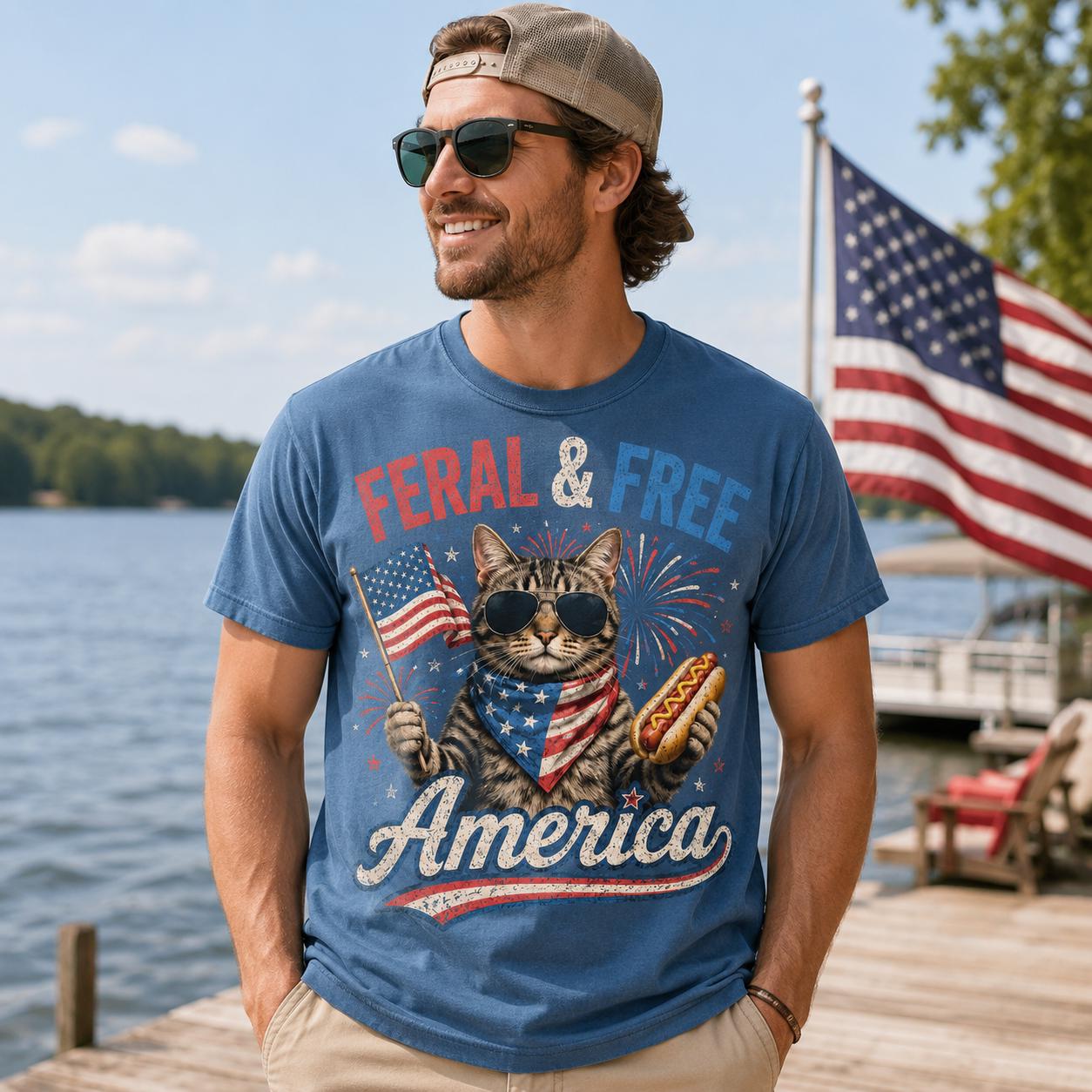 Feral & Free Cat America Shirt, Comfort Colors Patriotic Hotdog Tee